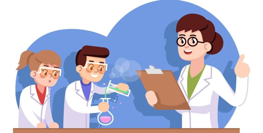 chemical-club-for-children-flat-illustration-advanced-chemistry-study-popularization-of-science-for-kids-interest-classes-girl-and-boy-with-teacher-conducting-experiment-cartoon-characters-vector